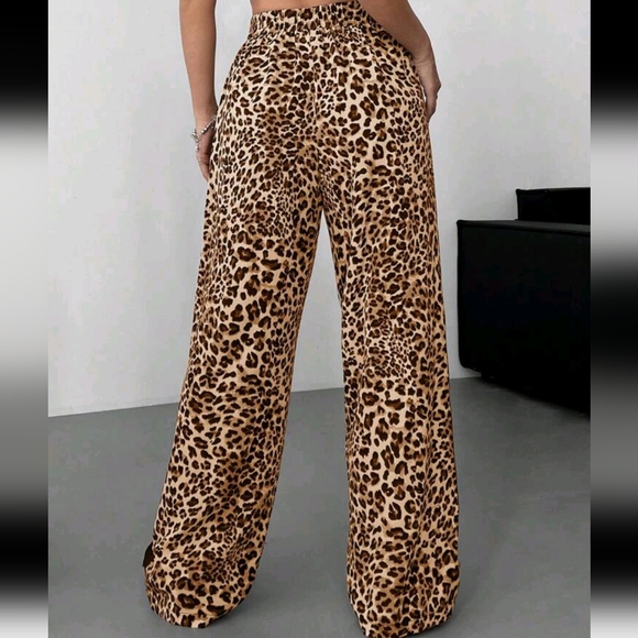 Women Woven Leopard Print Patchwork Ribbon Casual Pants - Picture 2 of 5